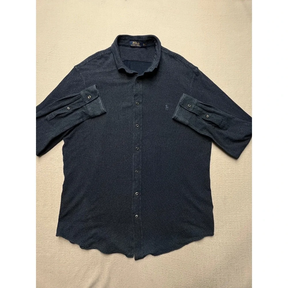 Rare Polo Ralph Lauren Mens XL Navy Blue Polka Dot Cotton Knit Button Down Shirt